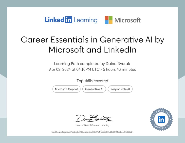 LinkedIn Learning certificate for Daine Dvorak completing 'Career Essentials in Generative AI by Microsoft and LinkedIn' covering Microsoft Copilot, Generative AI, and Responsible AI.
