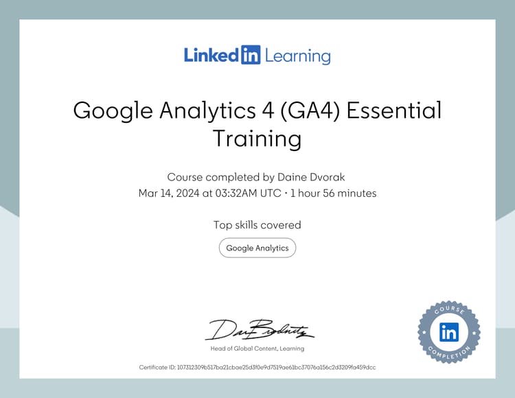 LinkedIn Learning certificate for Daine Dvorak completing 'Google Analytics 4 (GA4) Essential Training' covering Google Analytics skills.