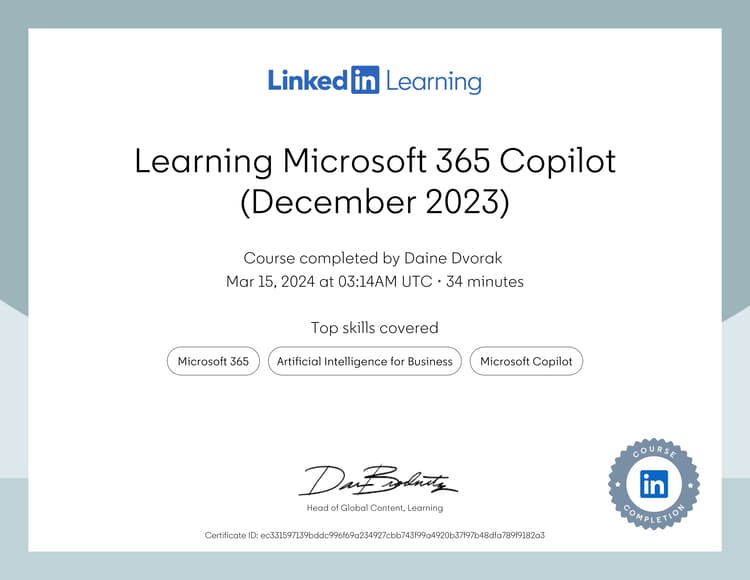 LinkedIn Learning certificate for Daine Dvorak completing 'Learning Microsoft 365 Copilot (December 2023)' covering Microsoft 365, Artificial Intelligence for Business, and Microsoft Copilot.