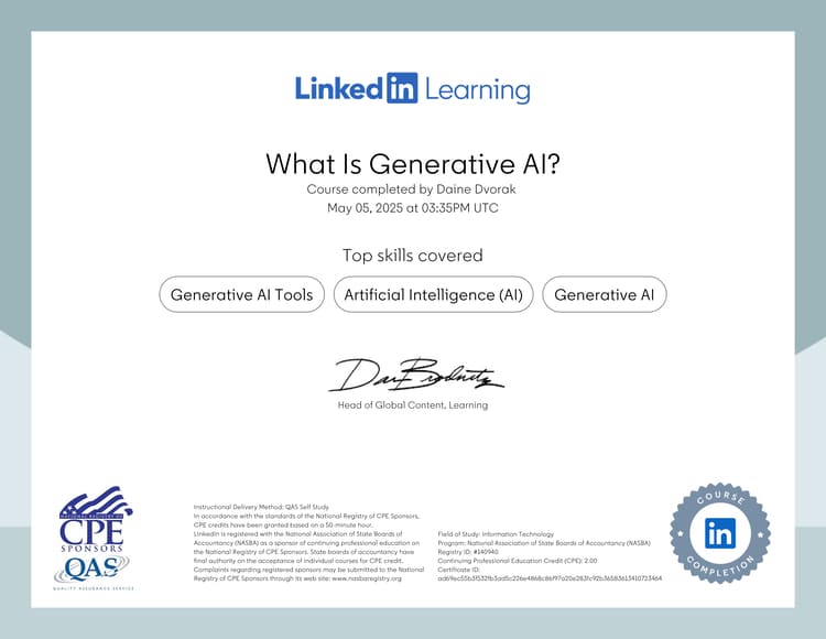 LinkedIn Learning certificate for Daine Dvorak completing 'What Is Generative AI?' covering Generative AI Tools, Artificial Intelligence (AI), and Generative AI.