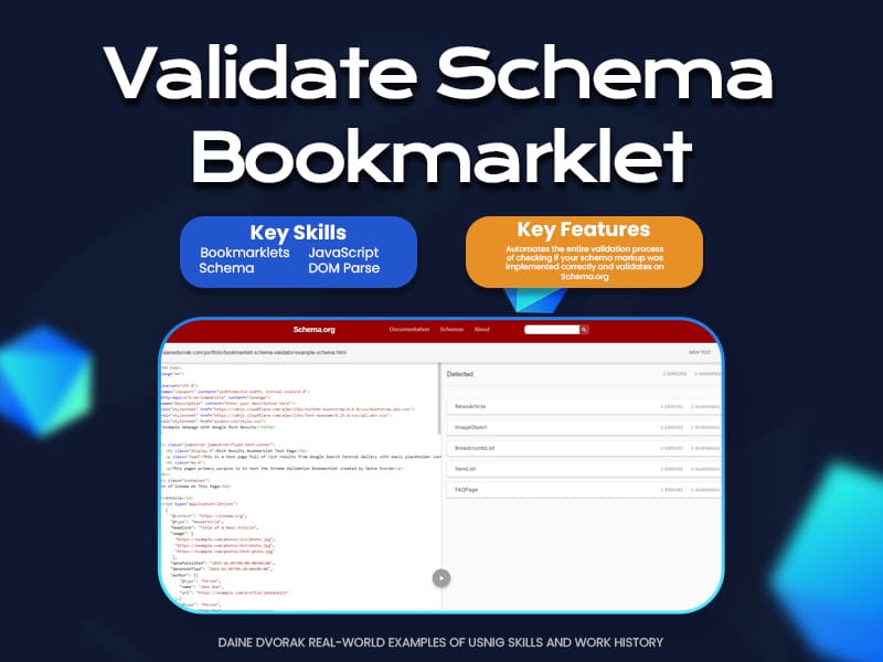 Promotional graphic for 'Validate Schema Bookmarklet' highlighting key skills in bookmarklets and JavaScript, and features for SEO automation.