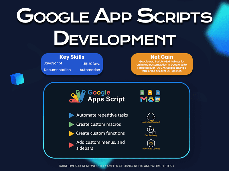 Promotional image for Daine Dvorak, highlighting expertise in Google App Scripts Development with key skills in JavaScript and automation.