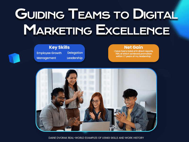 Promotional image of a diverse team celebrating, with text highlighting Daine Dvorak's leadership and management skills in digital marketing.