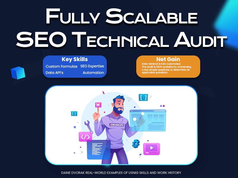 Promotional image for 'Fully Scalable SEO Technical Audit' showcasing key skills and net gain, associated with Daine Dvorak's SEO expertise.